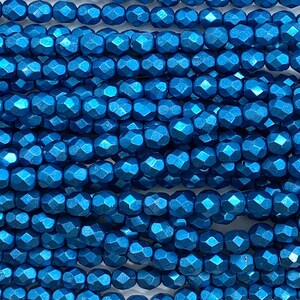 25 faceted round Czech glass beads - 6mm fire polished saturated metallic blue beads - C0045