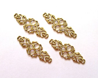 Four raw brass stampings - ornate Victorian connectors with rings - 1.75" x .75" inches USA made C00441