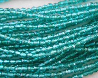 50 3mm Czech Teal, Blue Green, Viridian silver lined glass beads, round faceted firepolished beads, C8450