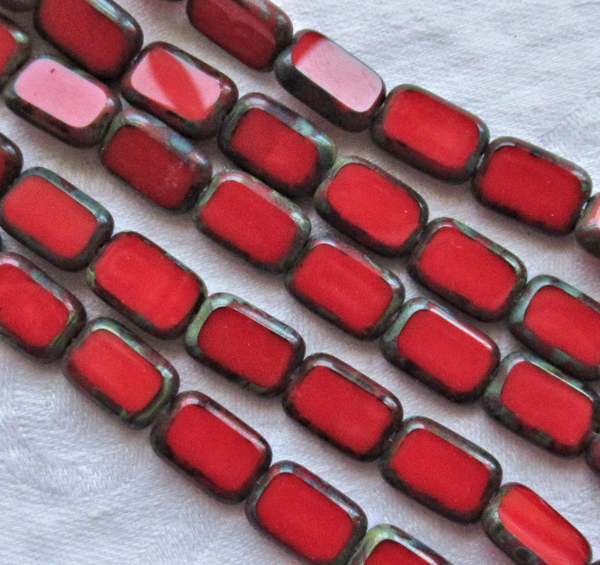 Lot of 24 Rectangular Czech Glass Beads, Opaque Bright Red