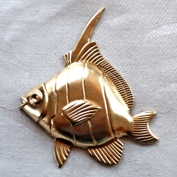 1 Angel Fish raw brass stamping, stylized 1950s retro fish, ornament, pendant, charm, component 54mm x 45mm, made in the USA 4801