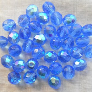 25 8mm Czech glass beads, Light Blue Sapphire AB, firepolished faceted round beads C1625