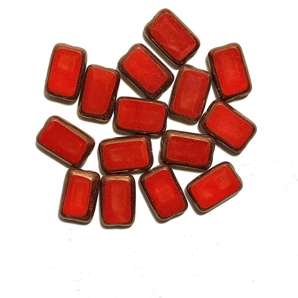 Ten Czech glass rectangle beads - 8 x 12mm opaque red w/ a bronze Picasso finish along the edges - C0601