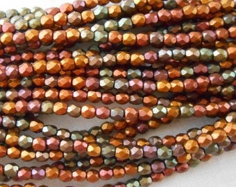 50 3mm Matte Metallic Bronze Iris Czech glass beads, firepolished, faceted round beads in gold tones, C1550