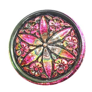 Un botón de cristal checo iridiscente de 18 mm, rosa vitral, botón de flor de estrella verde y amarillo, botones de vástago decorativos 52201