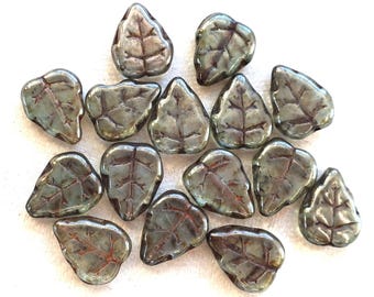 Lot of 25 12 x 10mm Czech Lumi Green center drilled, earthy, rustic Birch leaf beads, Czech glass beads C63125