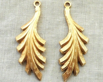 2 raw brass leaf stampings, art nouveau, deco, retro, stylized leaves, pendants, charms, earrings 45mm by 16mm, USA made 5702
