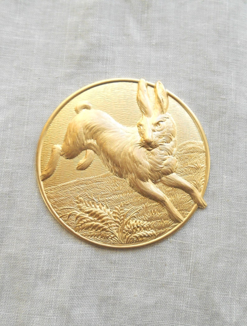 1 Large Raw Brass Stamping Victorian Bunny Rabbit Medallion Etsy