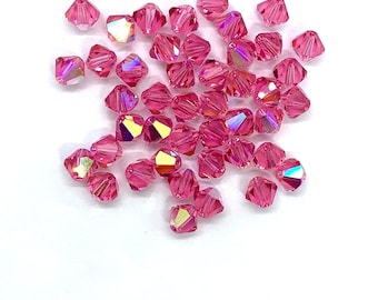 Lot of 24 6mm rose pink AB Czech Preciosa Crystal bicone beads - faceted glass bicones C0221