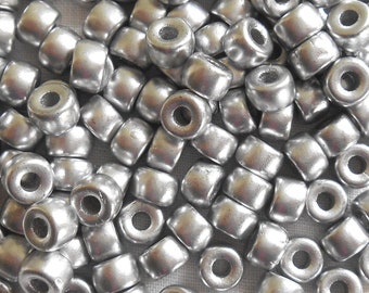 Fifty 6mm Czech Matte Metallic Silver pony roller beads, large hole glass crow beads, C6550