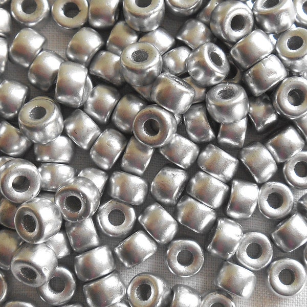 Fifty 6mm Czech Matte Metallic Silver pony roller beads, large hole glass crow beads, C6550