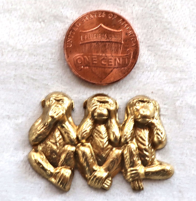 lucky monkyes pendants charms USA made C4902 Two sets three monkeys; speak see /& hear no evil monkey raw brass stampings 18.5 x 12mm