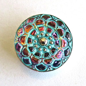 One 18mm Czech glass mandala button - iridescent blue & purple button with a turquoise blue wash - decorative shank button - 00513