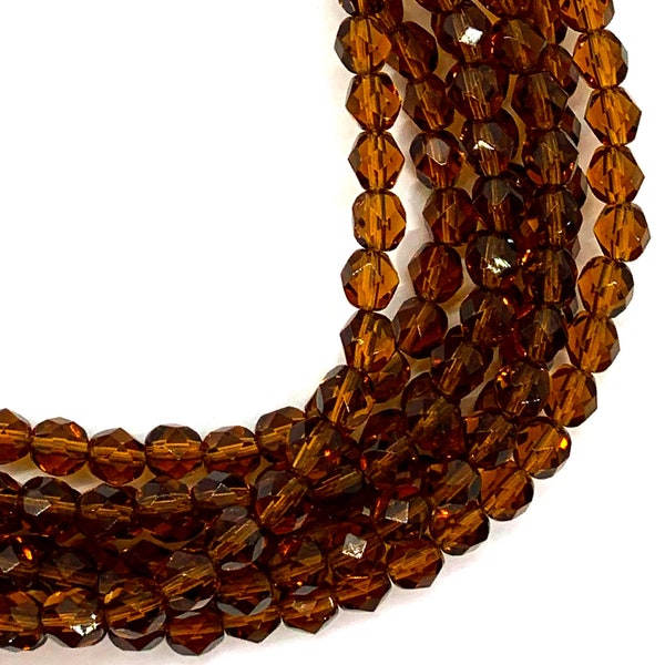 25 faceted round Czech glass beads - 6mm fire polished smoky topaz or transparent brown beads - C0093