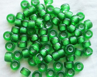 25 9mm Czech Emerald green silver lined Czech glass pony roller beads, large hole crow beads, C6625