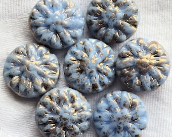 Five Czech glass Dahlia flower beads,  Opaque Sky Blue with gold spatter -  14mm floral disc or coin beads C0905