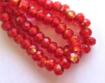 Ten Czech glass roller beads - 8.5 x 5mm siam red & crystal marbled gold lined, faceted roller, rondelle, big 3.5mm hole beads C0087