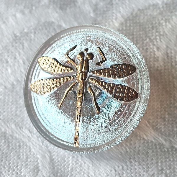 One 18mm Czech art glass button - Crystal AB with a gold dragonfly -  decorative shank buttons - 00242