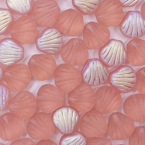 Twenty Czech glass seashell, fan or clam beads - 8mm matte rosaline pink AB shell beads - C0099