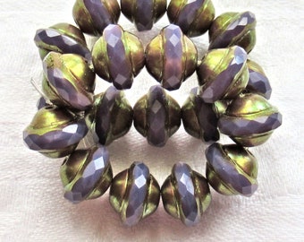 Ten Czech glass saturn beads - 8 x 10mm - opaque purple / amethyst silk faceted saucer beads with a bronze picsso finish C85101
