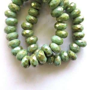 Ten 8.5 x 5mm turquoise green picasso Czech glass beads, faceted round roller, rondelle beads - big 3.5mm hole beads C0441