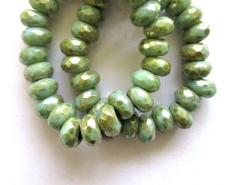 Ten 8.5 x 5mm turquoise green picasso Czech glass beads, faceted round roller, rondelle beads - big 3.5mm hole beads C0441