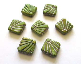 8 Czech glass square fan beads - 17 x 17mm -  opaque green beads with a splotchy rustic finish - C0089