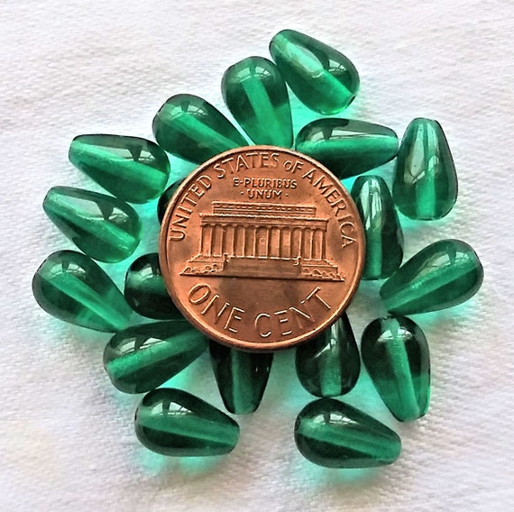 Lot of 25 Czech glass drop beads 10 x 6mm C0054 center drilled smooth teardrop shaped teal blue green or emerald beads