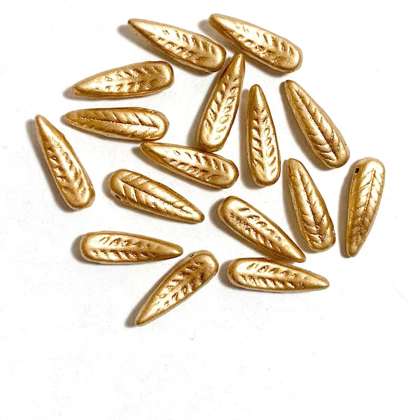 25 Czech glass curved feather or dagger beads - 17 x 5mm matte metallic gold textured pressed glass beads - C0096