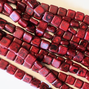 Lot of 25 9mm one hole flat square Czech glass beads - opaque red with a full coat black picasso finish - earthy rustic beads C5801