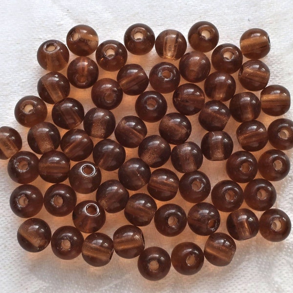 Lot of 25 8mm Czech glass big hole druk beads, smoky topaz, Brown, smooth round druksb f with 2mm holes C7201