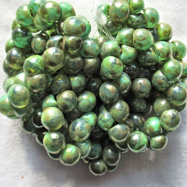 Lot of 30 8 x 9mm Czech glass mushroom or button beads - translucent  & opaque mix green w/ picasso finish - pressed glass beads 52130