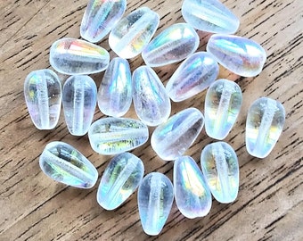 Lot of 25 10 x 6mm Czech glass crystal AB teardrop beads - center drilled smooth drop beads C2701