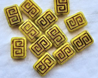 12 Czech glass rectangle beads - translucent yellow with a bronze wash - Greek key pattern beads - 13 x 9mm C0901