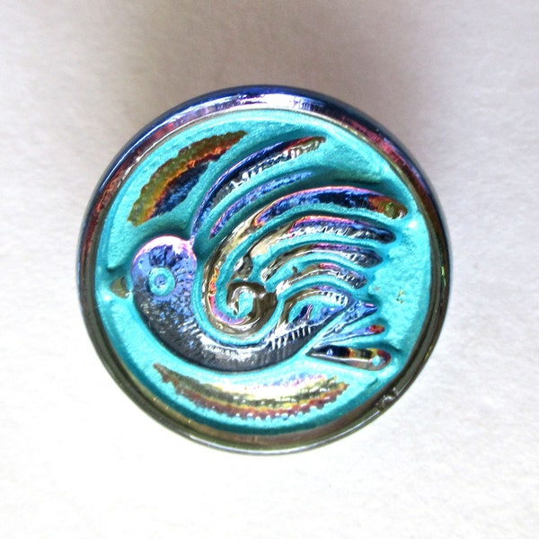 One 18mm Czech glass bird button -  iridescent pink blue / purple with a turquoise wash - decorative shank buttons 000432