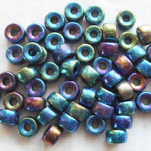 25 9mm Czech Blue Iris glass pony roller beads, large hole crow beads, C5350