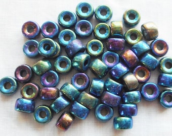 25 9mm Czech Blue Iris glass pony roller beads, large hole crow beads, C5350