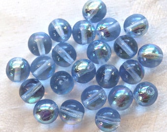 Lot of 25 8mm Czech glass druks,  Light Sapphire Blue AB smooth round druk beads  C0032