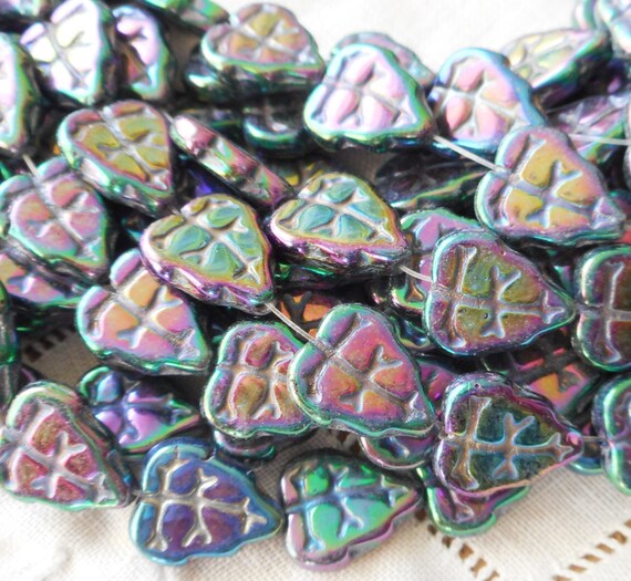 25 Turquoise Luster AB Czech Glass Leaf Beads 10MM