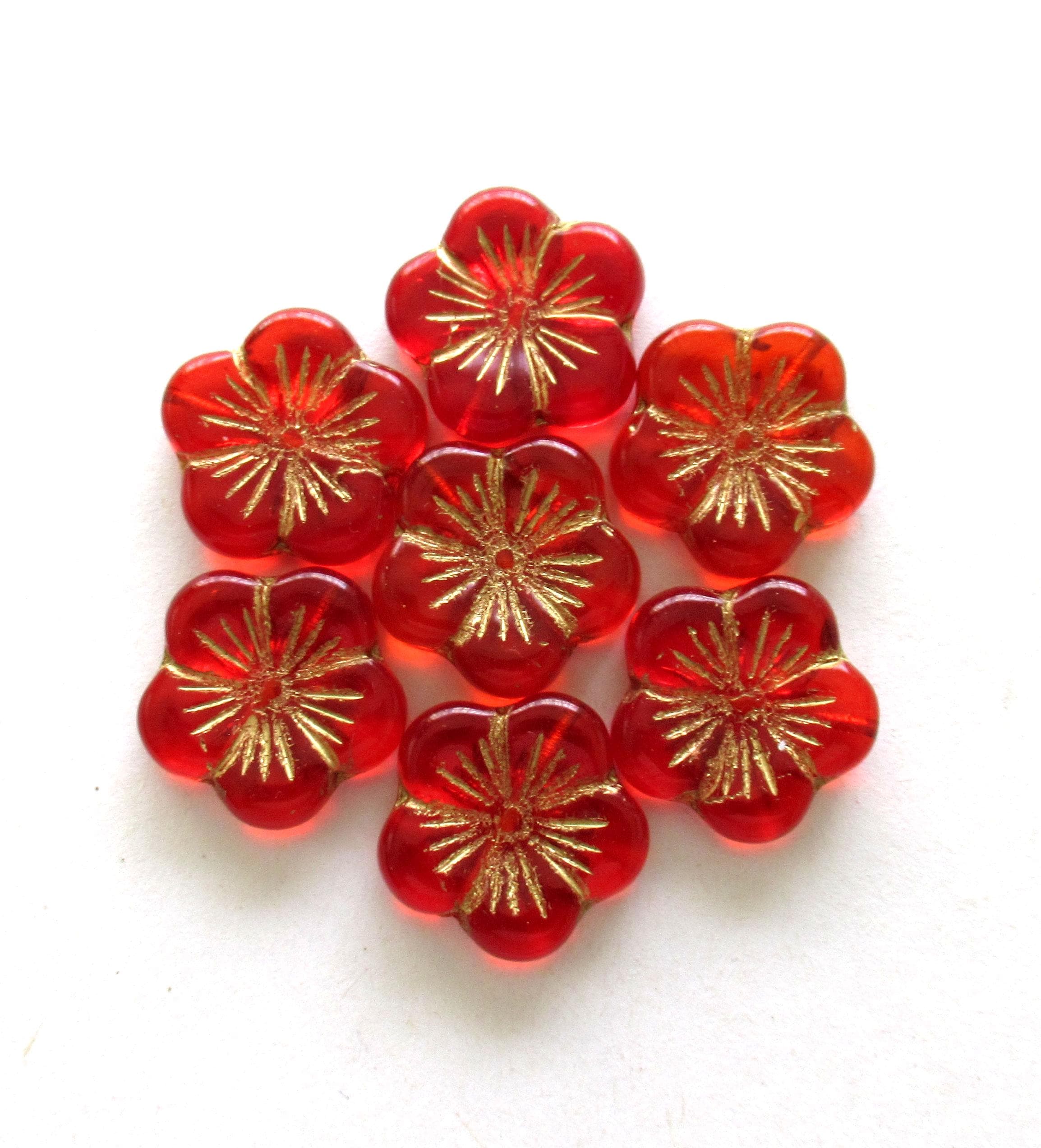 Four large Czech glass flower beads - siam red pansy beads with gold accents -  beads - focal or statement beads - 20mm - 00521
