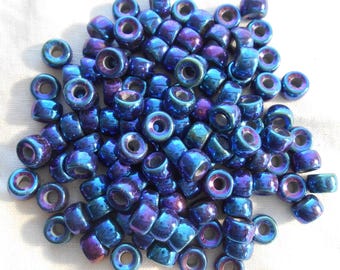 50 6mm Czech Blue Iris pony roller beads, large hole iridescent multicolored glass crow beads, C7450