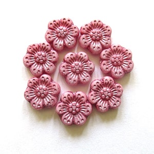 Twelve Czech glass wild rose flower beads - 14mm opaque pink floral beads with luster pink wash C0058