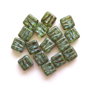 Lot of ten 10mm x 10mm  square light aqua blue, carved, table cut, picasso Czech glass beads, striped square zebra beads  C0019
