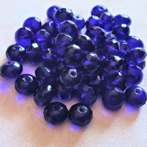 Lot of 25 6 x 9mm cobalt blue faceted puffy rondelle beads - transparent blue Czech glass rondelles C8625