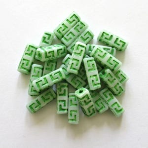 12 Czech glass beads - squared tube beads - Celtic block beads - white with a green wash - 15 x 5mm C0045