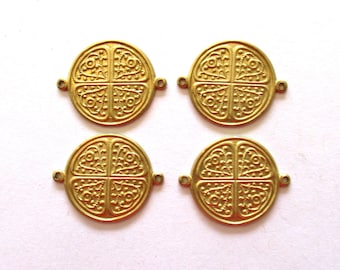 Four raw brass stampings - ornate Victorian connectors - .75" inches in diameter - USA made - C0008