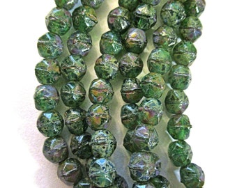 50 4mm Czech glass English cut faceted beads - emerald green with a full picasso coat - C0057