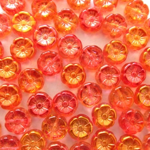 Lot of 15 8mm Czech glass flower beads - transparent orange or hyacinth with an ab finish - pressed glass Hawaiian flower beads C0039