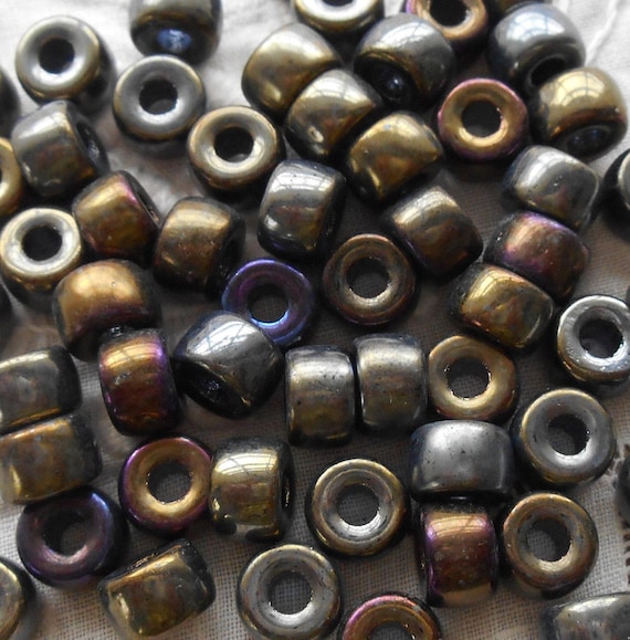 25 9mm Czech glass pony beads - brown Iris - roller beads - large hole crow beads
