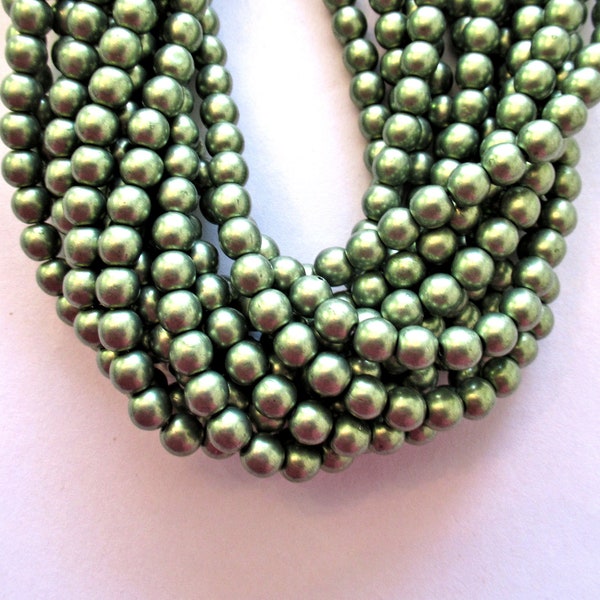Lot of 50 6mm Czech glass druk beads - opaque Metallic Saturated Greenery - green smooth round druks - C0037